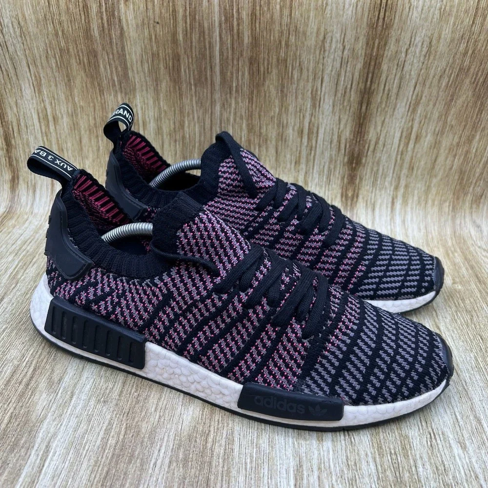 Adidas NMD R1 Primeknit STLT Men's Size 12 Black Grey Solar Pink Sneakers CQ2386